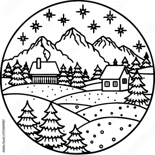 Nouveau paysage de noël au village avec une maison enneigée, des arbres et des flocons de neige sur une carte de vœux d'hiver pour la célébration du nouvel an