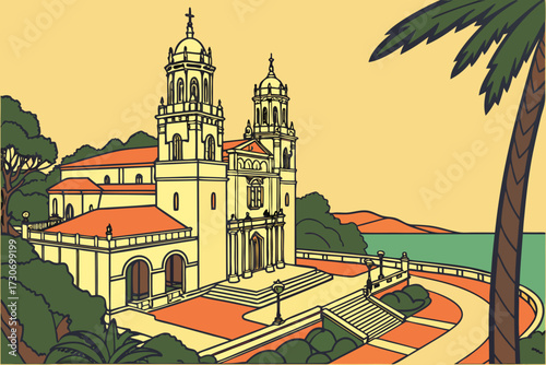 Hearst Castle in San Simeon, California, Mediterranean Revival palace with ornate towers above Pacific coast