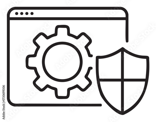 Gear and shield icon representing system security and configuration settings - stock vector