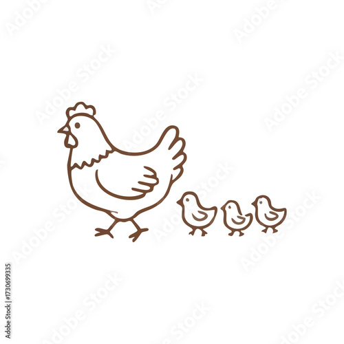 Chicken Family Simple Line Art. Cute hen with three little baby birds following. Represents maternal care, new beginnings, and farm life.