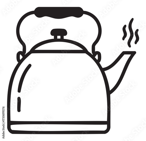 Black and white illustration of a steaming tea kettle - stock vector