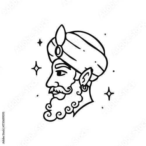 Mystic Bearded Man Head Profile. This captivating linear illustration features a fellow with an elaborate facial hair and headdress, viewed from the side. It evokes ancient sagacity and Eastern.