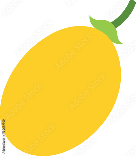 A stylized illustration of a yellow fruit, possibly a mango or papaya, with a green stem and leaves, isolated on a white background