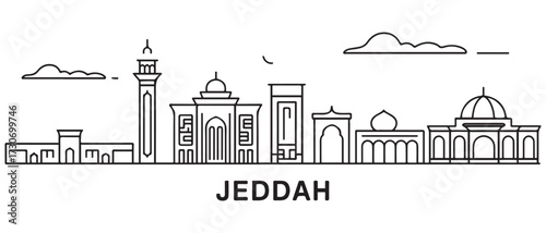 Jeddah Line Art skyline horizontal banner. Jeddah, Saudi Arabia. with white background
