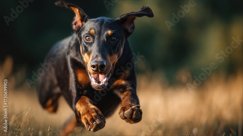 Doberman Pinscher jumping mid-air in an open field, Bright natural daylight with sharp shadows