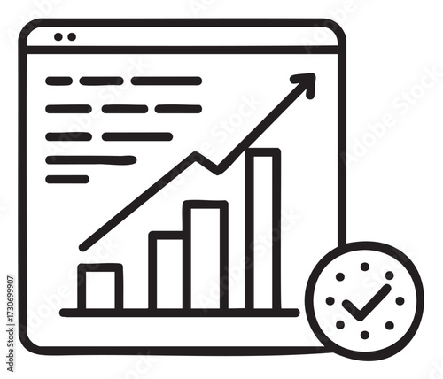 Black and white chart with upward arrow and checkmark icon representing growth and efficiency - stock vector