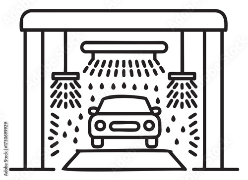 Black and white icon of automatic car wash with spraying nozzles and water droplets - stock vector