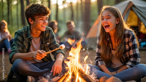 two teenage children in sharp focus at a summer tent camp, sitting close together around a softly glowing campfire