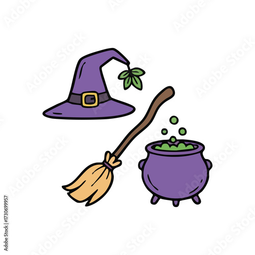 Halloween Witch Supplies Cartoon. A fun doodle featuring mystical items. A sorceress cap, enchanted sweeper, and bubbling pot represent festive October celebrations and mystic arts.