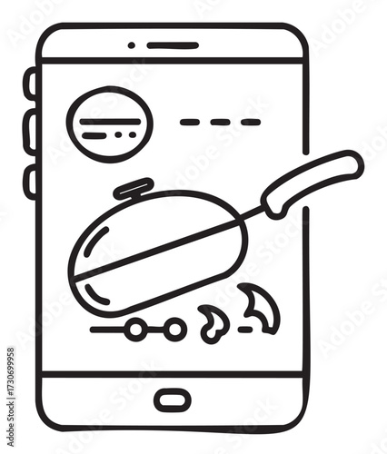 Mobile cooking app interface with frying pan illustration on smartphone screen - stock vector