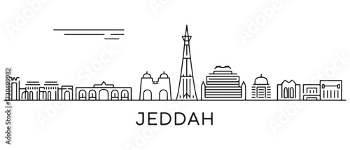 Jeddah Line Art skyline horizontal banner. Jeddah, Saudi Arabia. with white background