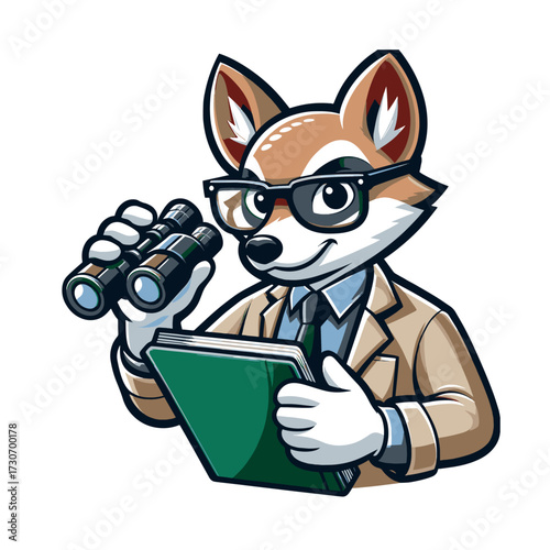 Meet the sharp fox executive, dressed impeccably, reviewing data through binoculars for strategic planning and future growth, depicting foresight and business acumen with a touch of charm