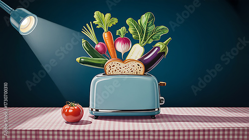 Toaster with fresh vegetables and bread slice illuminated by spotlight carrot radish