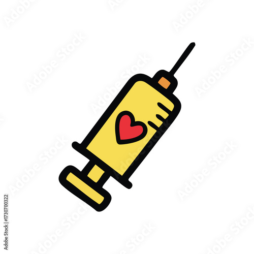 Heartfelt Healthcare Injection. This yellow clinical tool displays a vibrant red symbol, representing wellness, compassion, and crucial immunization. It signifies life-saving treatments.