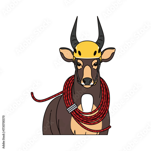 Adventurous antelope wearing a yellow climbing helmet and red rope, ready for a daring expedition with a confident gaze and bold spirit