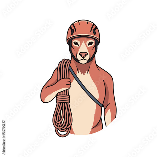 Adventurous puma climber ready for extreme outdoor expeditions holding coiled rope and wearing protective helmet