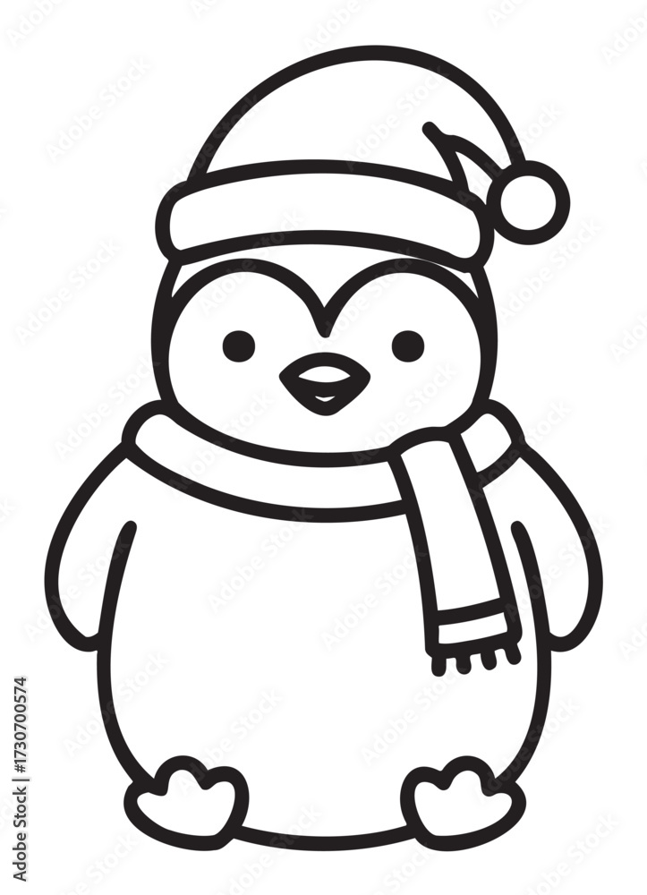 Fototapeta premium Cute penguin with winter hat and scarf outline for coloring - stock vector