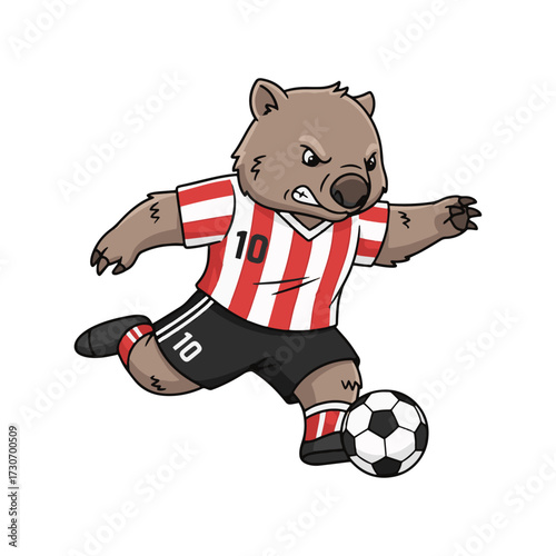 Aggressive wombat mascot in soccer uniform dribbling a ball with intense focus, perfect for sports branding and team spirit campaigns