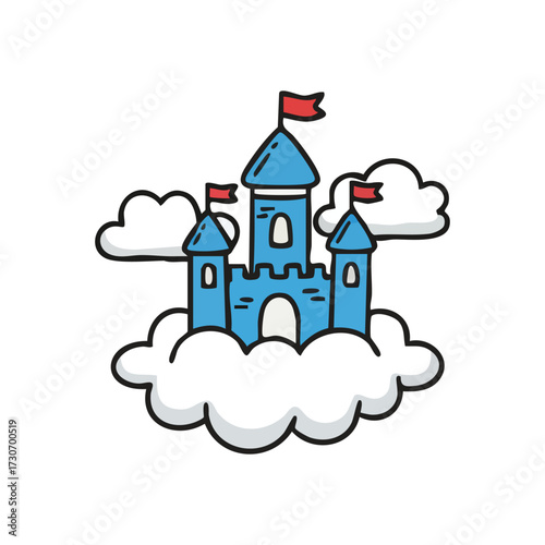 Fairytale Palace on Fluffy Clouds. This whimsical artwork displays a delightful azure fortress nestled among airy vapor, representing childhood wonder and imaginative dreams.