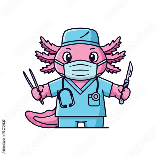 Adorable axolotl character dressed as a surgeon, wearing a medical mask and holding surgical instruments, ready for a lifesaving procedure