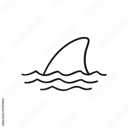 Minimalist Shark Fin Water Graphic. Clean line art illustrates a powerful apex predator's dorsal fin appearing from the sea, symbolizing hidden peril and marine wildlife.