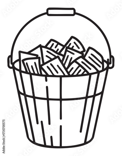 Black and white line art of a bucket filled with ice cubes for drinks - stock vector