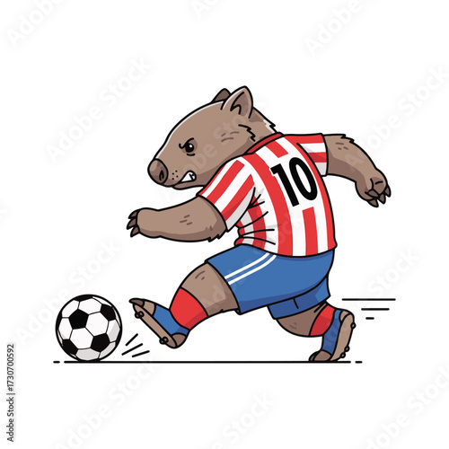 Dynamic wombat athlete in striped jersey kicks soccer ball with intense focus, embodying sports passion and competitive spirit