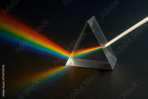 Light passing through prism creating rainbow spectrum on dark background  