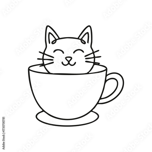 Cute Happy Cat in a Warm Beverage Cup. Adorable feline emerging from a cozy mug. This charming line art illustration evokes comfort, simple morning delight, and peaceful domestic bliss.