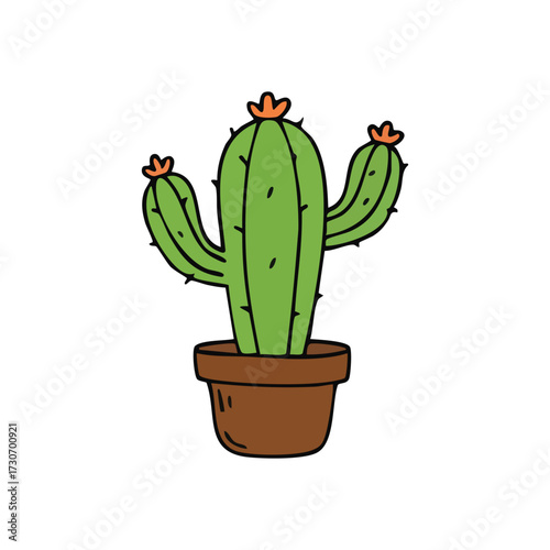 Cute Potted Cactus Illustration. This charming green desert succulent in a planter symbolizes strength and enduring beauty. Perfect for nature themed designs.