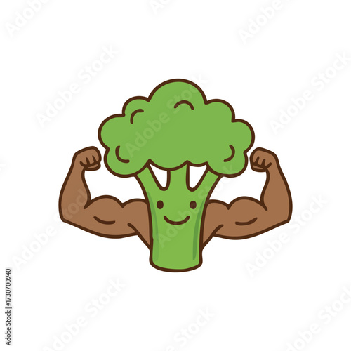 Broccoli Flexing Strong Arms. This cheerful cartoon broccoli character shows off its powerful biceps, symbolizing the amazing health benefits and strength gained from a nutritious diet.