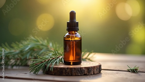 Amber-colored essential oil bottle, with a dropper, displayed on a small wooden platform alongside fresh green pine needles, against a blurred natural background in the golden sunlight, promoting...