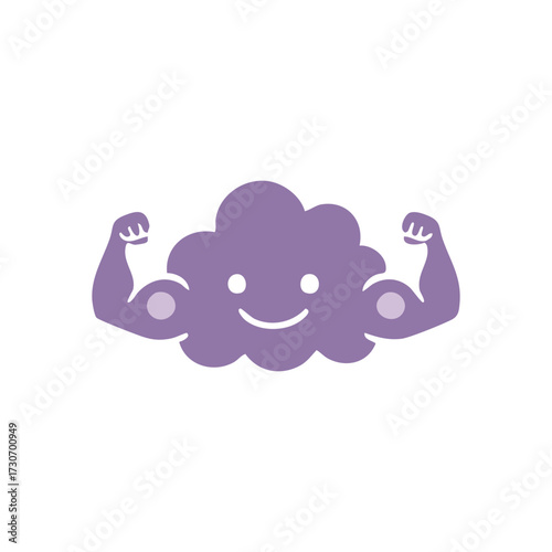 Strong Happy Cloud Flexing Muscles. A cheerful purple illustration showing vigor and positive energy. This adorable graphic embodies robustness, confidence, and resilience.
