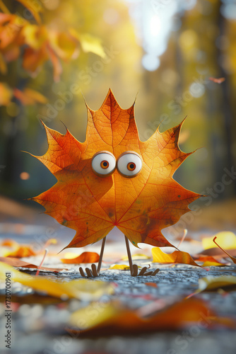 A friendly maple leaf with expressive eyes and legs walks through an autumn forest, children's book illustration style, warm autumn colors