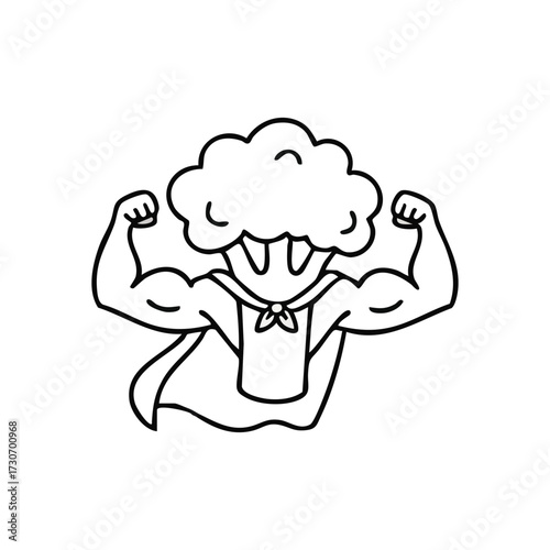 Mighty Broccoli Strong Hero. An animated image of a healthy plant showing brawn. This humorous artwork symbolizes vitality and the power of proper nutrition.
