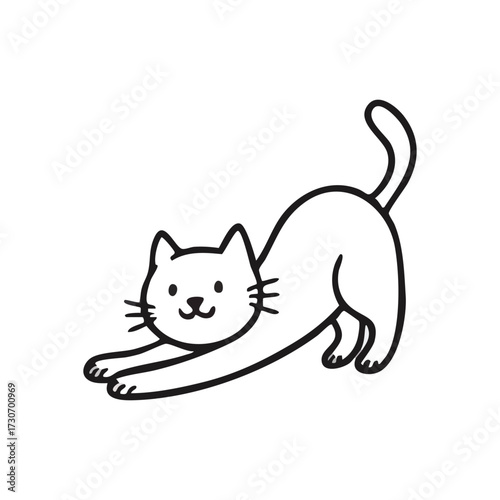 Cute Stretching Cat Illustration. This charming feline artwork captures a moment of comfort and well-being. The delightful kitten extends its limbs, symbolizing relaxation or an awakening.