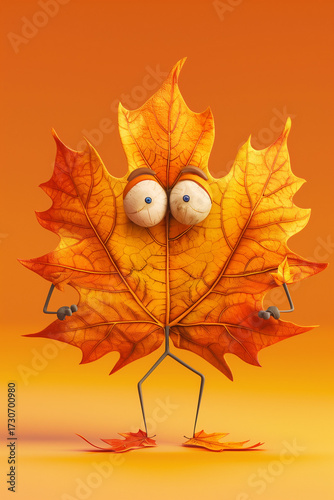 Cartoon style maple leaf with round eyes and short legs, bright orange and red autumn colors, orange background