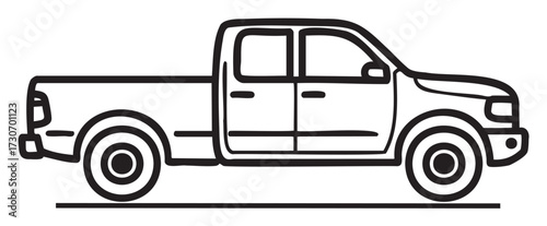 Black and white line drawing of pickup truck side view - stock vector