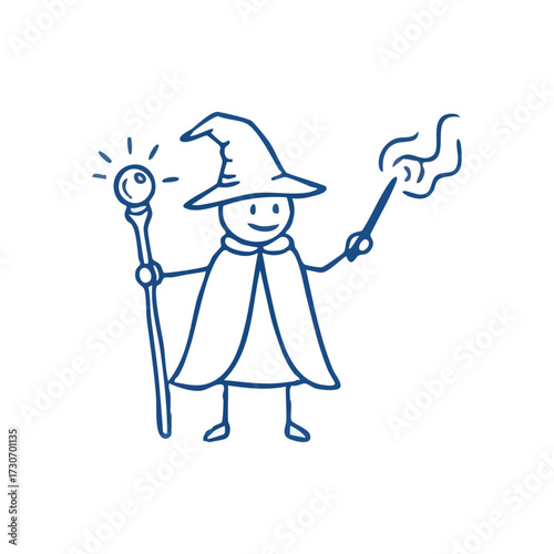 Cheerful Sorcerer Casting Enchantments. A happy magic character with a radiant staff and mystic wand evokes fantasy, wonder, and imaginative power for kids.