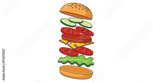 Deconstructed burger explosion with fresh ingredients perfect for restaurant menus and food blogs, showcasing a delicious and fun fast food concept