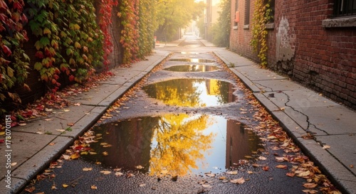 Sunlit urban alleyway with reflections in street puddles bordered by old brick walls and vibrant red and green ivy in autumn