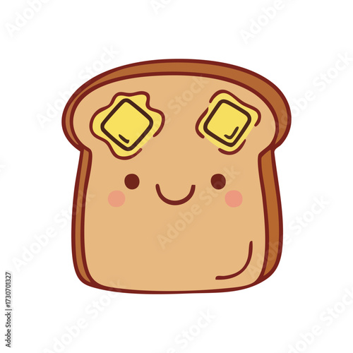 Happy Breakfast Bread Illustration. This cheerful graphic depicts a delightful cartoon toast character with melting pats of golden dairy as eyes, symbolizing a bright, yummy start to the day.