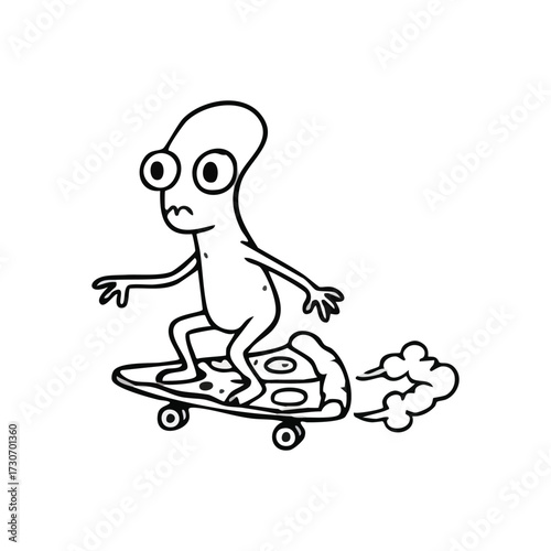 Whimsical Alien Riding Pizza Skateboard. A quirky extraterrestrial character glides speedily on a unique pizza slice board, exuding playful charm. This surreal illustration conveys fun and.