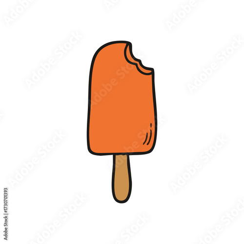 Bitten Orange Popsicle Doodle. Cheerful hand sketched frozen snack artwork. This delightful illustration conveys summer joy, refreshment, and childhood nostalgia with its sweet appeal.