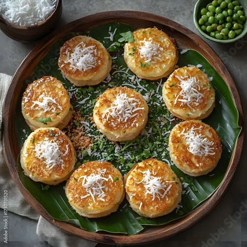 Thai Coconut Pancakes (Kanom Krok) Garnished with Sweet Shredded Coconut