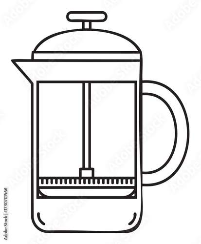 Simple black and white french press coffee maker line art illustration - stock vector