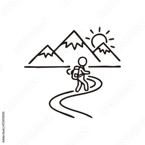 Mountain Trekking Path Icon. Minimalist depiction of a traveler on a winding route towards majestic summits under a radiant sun. This graphic symbolizes progress, exploration, and ambition.