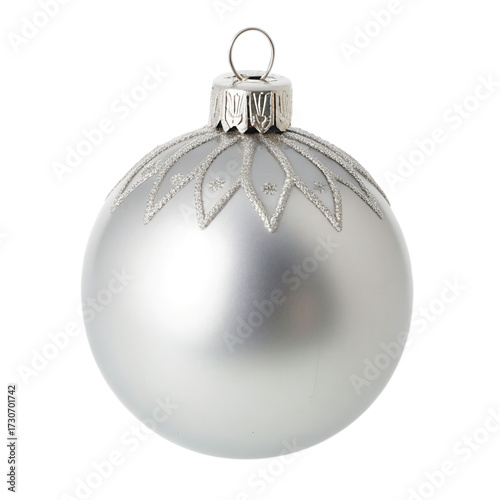 Silver ornament Christmas bauble holiday decor matte finish festive sphere hanging loop transparent charm clean background