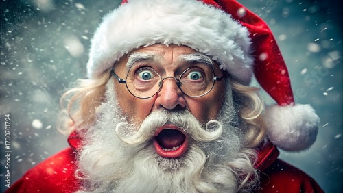 Surprised santa claus face with snowflakes falling around him