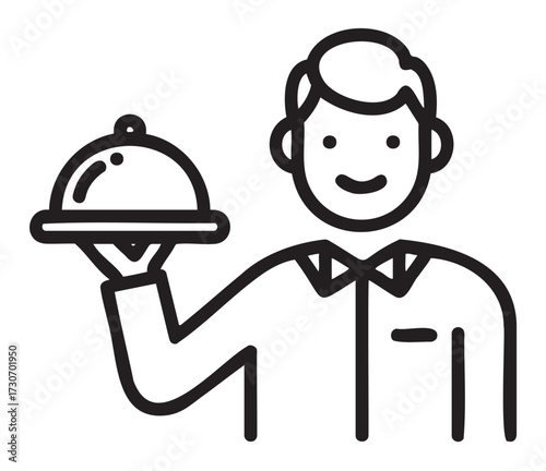 Outline of male waiter holding covered dish with smile - stock vector